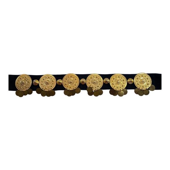 Sonia Rykiel Vintage Black Sash Gold Tone Brass Medallion Coins Studs Belt main image 8